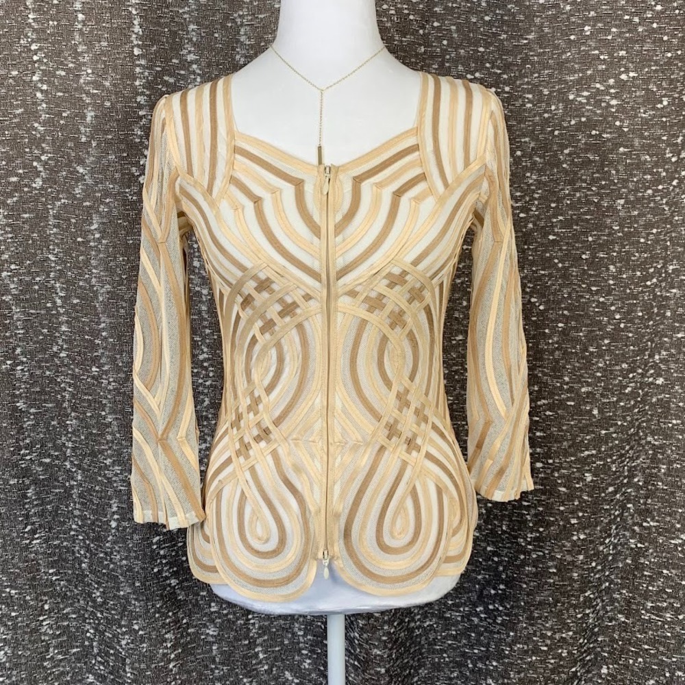 Vintage Obstinee By Ika Sheer Ribbon Full Zip Blouse 3/4 Sleeve Preppy Women's 4